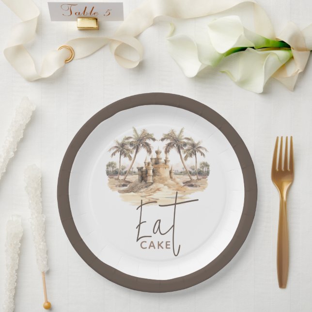 Pastel Sand Elegant Beach Party Eat Cake Paper Plate (Wedding)