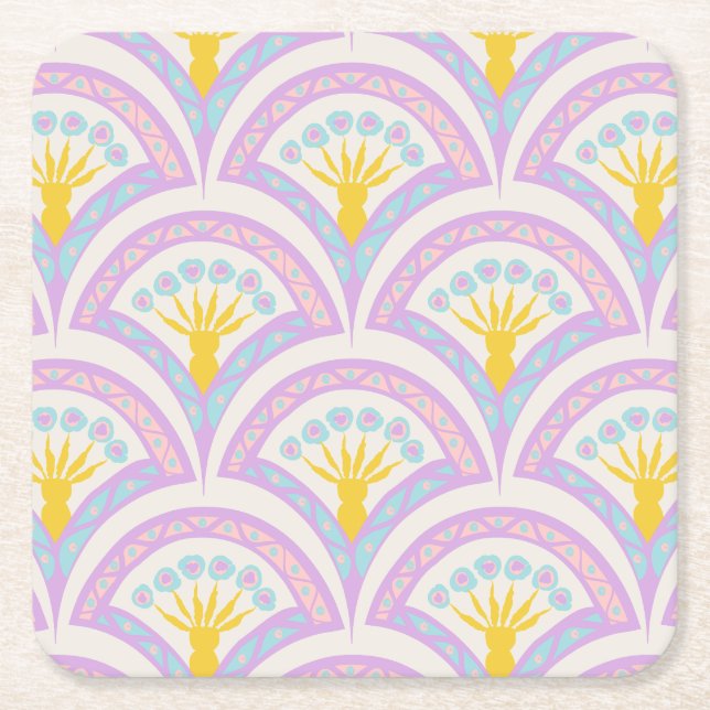 Pastel Scallop Pattern Square Paper Coaster (Front)