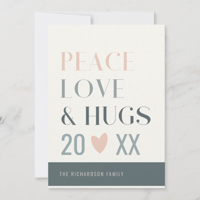Pastel Scandi Blush Grey Peace Love & Hugs 2023 Holiday Card (Front)