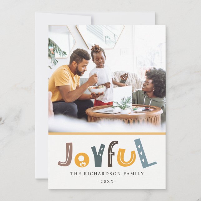 Pastel Scandi Yellow Grey Text Joyful Christmas Holiday Card (Front)