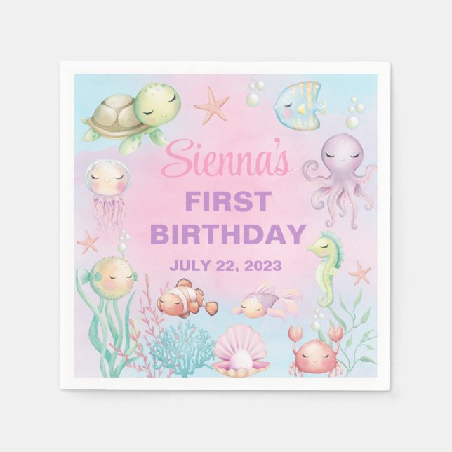 Pastel sea life girl birthday paper napkins. napkin (Front)