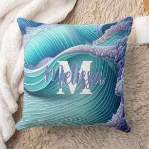 Pastel Sea Waves Monogram Cushion