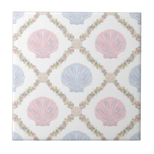 Pastel Seashell Coastal Beach Lattice Pattern Ceramic Tile
