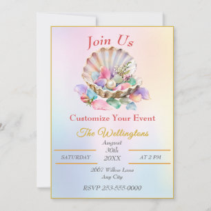 Pastel Seashell Pearl Coastal Design Customise Invitation