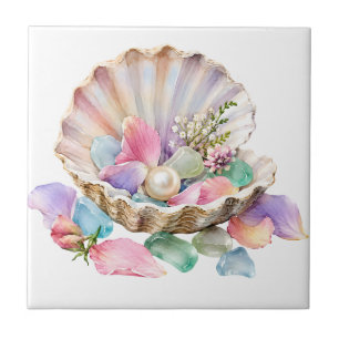 Pastel Seashell Pearl Ocean Beach Coastal Art Ceramic Tile