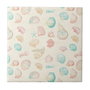 Pastel Seashell Starfish Blue Peach Coastal Ceramic Tile