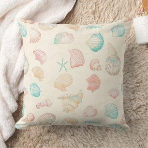 Pastel Seashell Starfish Blue Peach Coastal Cushion