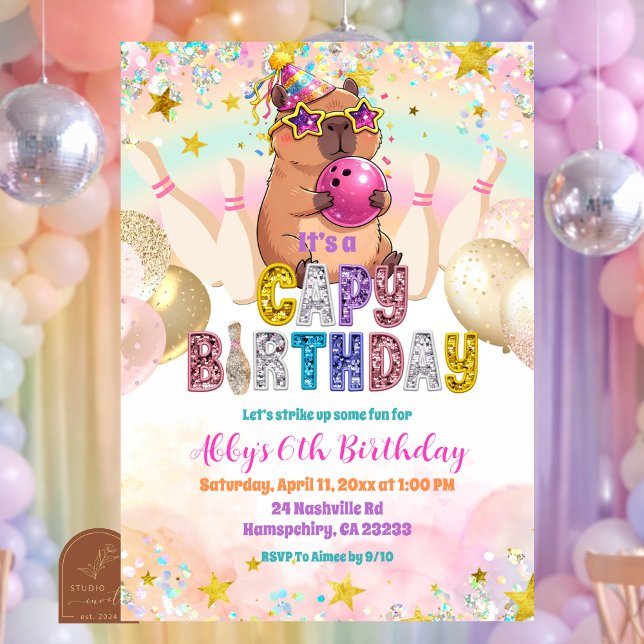 Pastel Sequin Glitter Capybara Bowling Birthday Invitation (Creator Uploaded)