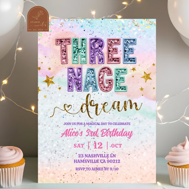 Pastel Sequin Glitter Threenage Dream Birthday Invitation (Creator Uploaded)
