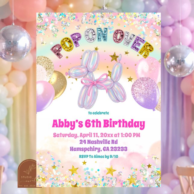 Pastel Sequins Pop On Over Dog Balloon Invitation (Creator Uploaded)