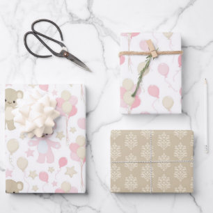 PASTEL SHADES OF PINK & TAN TEDDY BEARS STARS WRAPPING PAPER SHEET