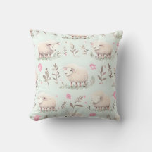 Pastel Sheep and Floral Pattern Throw Pillow