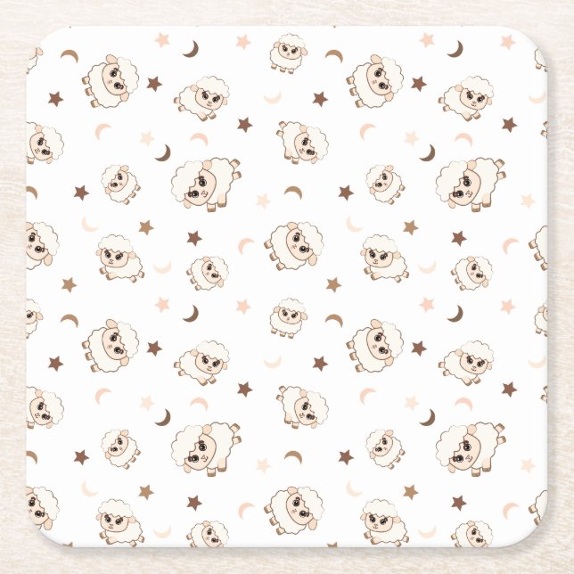 Pastel Sheep Pattern Square Paper Coaster (Front)