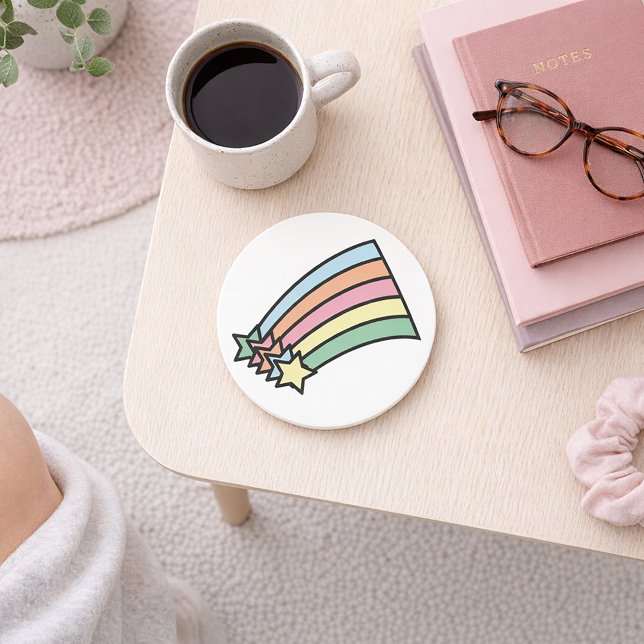 Pastel Shooting Star Rainbow Retro Aesthetic  Coaster (A coaster with pastel stars and a rainbow.)