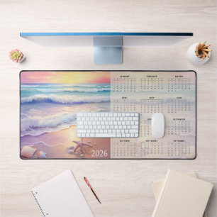 Pastel Shoreline 2026 Calendar with Seashells Desk Mat