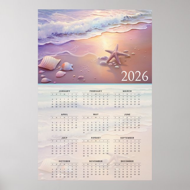 Pastel Shoreline 2026 Calendar with Seashells  Poster (Front)