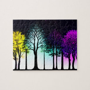 Pastel Silhouette Trees Under Dark Sky Jigsaw Puzzle