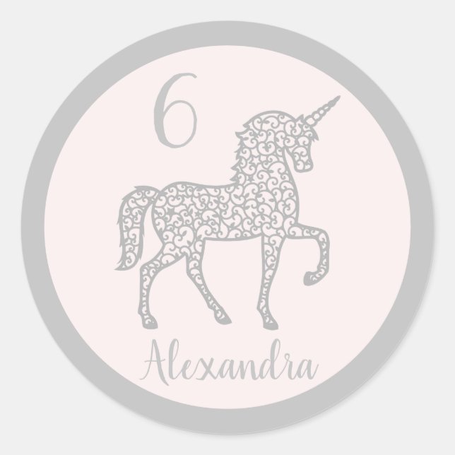 Pastel Silver Unicorn birthday party Own name Classic Round Sticker (Front)