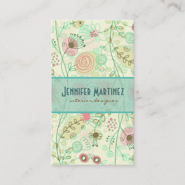 Pastel Simple Hand Drawn Retro Flowers Business Card (Front)