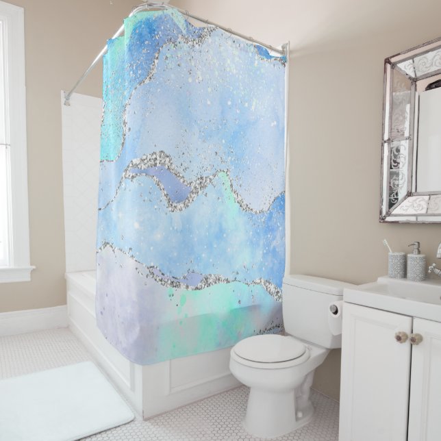 *~* Pastel Sky Blue Agate Holo GLITTER Ocean AP8  Shower Curtain (In Situ)