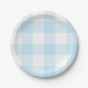 Pastel Sky Blue Gingham Plaid Pattern Paper Plate