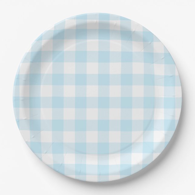 Pastel Sky Blue Gingham Plaid Pattern Paper Plate (Front)