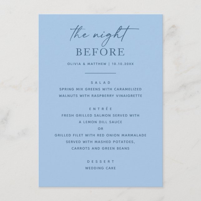 Pastel Sky Blue The Night Before Rehearsal Dinner Menu (Front)