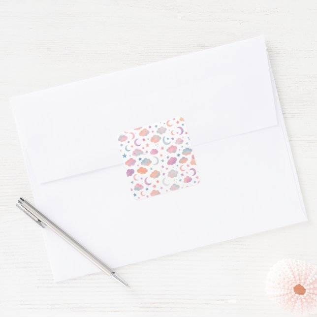 Pastel Sky Dreams – Moon, Stars & Clouds Pattern Square Sticker (Envelope)