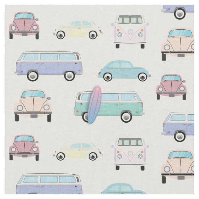 Pastel Slug Bug and bus auto car Fabric (Close Up)