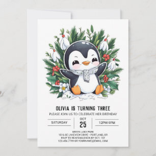 Pastel Snow Penguin Digital Birthday Invitation