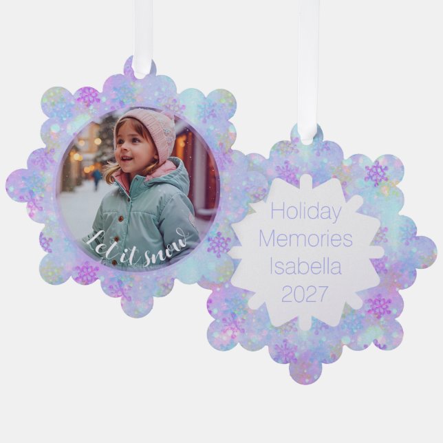 Pastel Snowflake Let It Snow Custom Photo Tree Decoration Card (Front/Back)