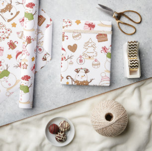 Pastel Snowman Hearts Drawn Christmas Wrapping Paper