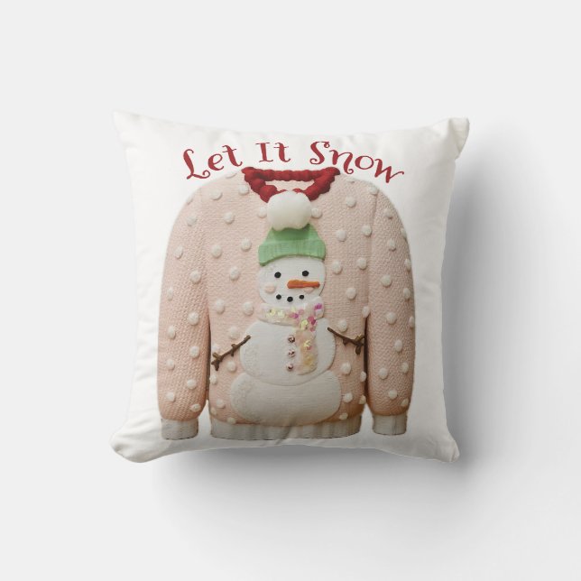Pastel Snowman Ugly Christmas Sweater Throw Pillow (Front)