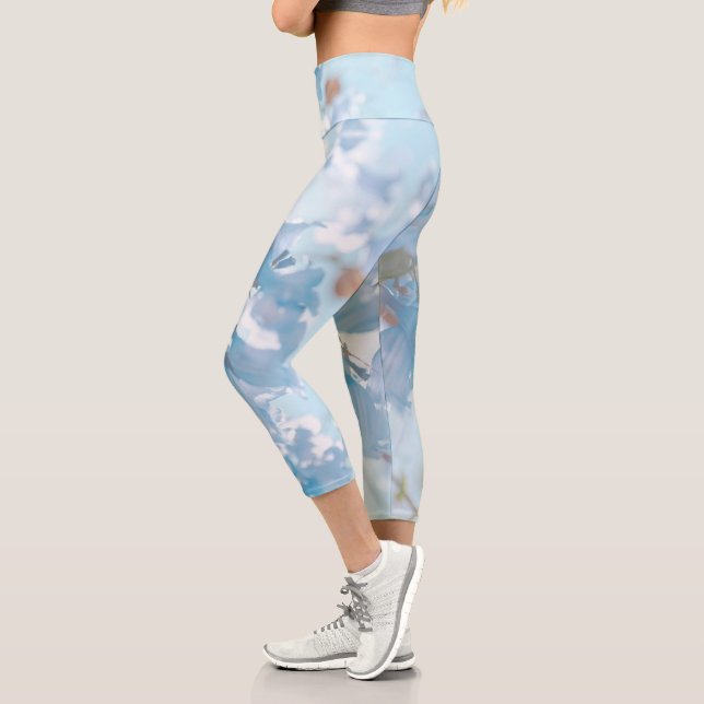 Pastel Soft Blue Jacaranda Tree Flowers Blossoms Capri Leggings (Left)