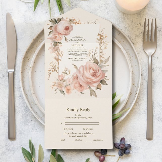 Pastel Soft Blush Peach Floral Wedding  All In One Invitation (Creator Uploaded)