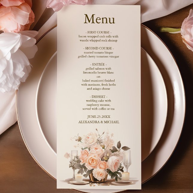 Pastel Soft Blush Peach Floral Wedding Menu (Creator Uploaded)