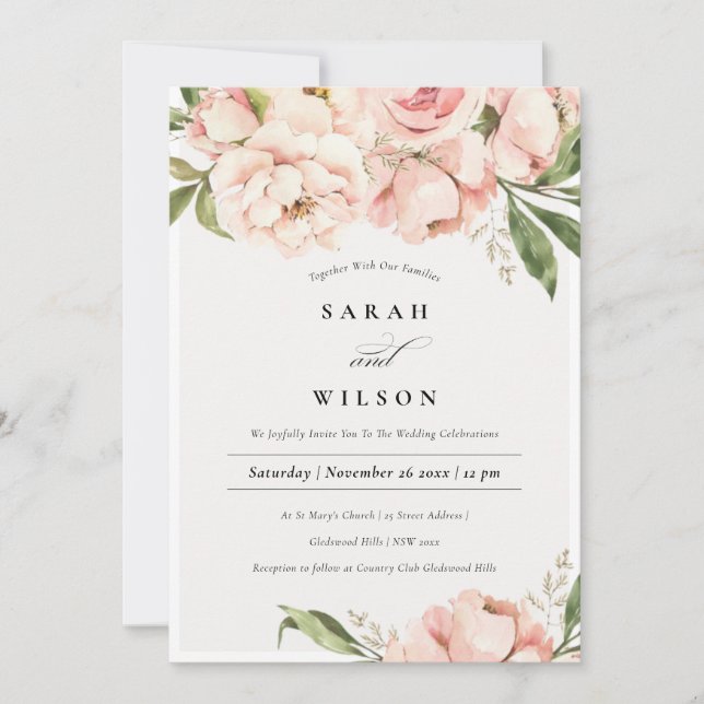 Pastel Soft Blush Peach Peony Flora Wedding Invite (Front)