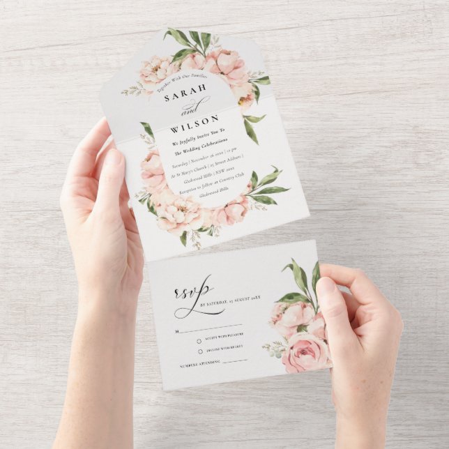 Pastel Soft Blush Peach Peony Floral Wedding All In One Invitation (Tearaway)