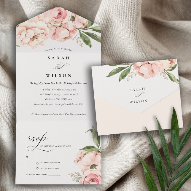 Pastel Soft Blush Peach Peony Floral Wedding  All In One Invitation (Creator Uploaded)