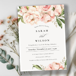 Pastel Soft Blush Peach Peony Floral Wedding Invitation
