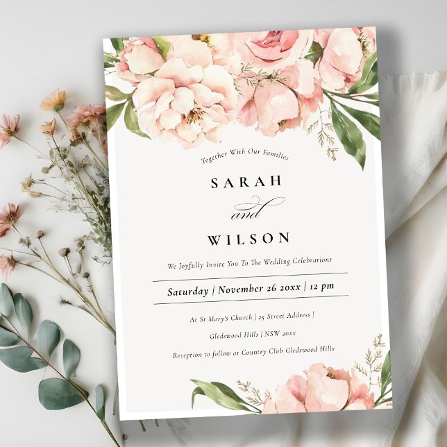 Pastel Soft Blush Peach Peony Floral Wedding Invitation (Creator Uploaded)