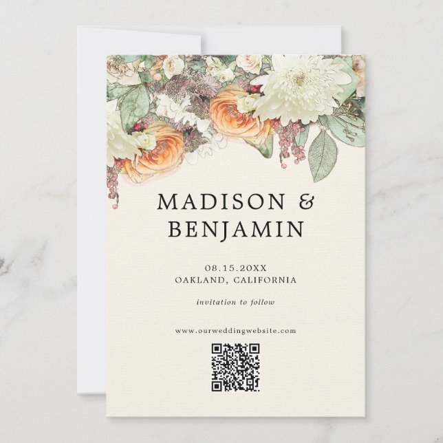 Pastel Soft Floral Eucalyptus Rose Wedding QR Code Save The Date (Front)
