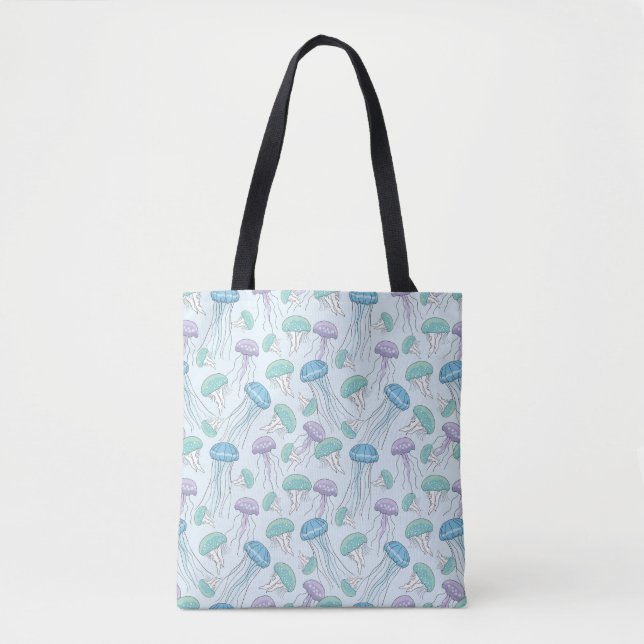 Pastel soft multicolor glowing jelly fish pattern tote bag (Front)