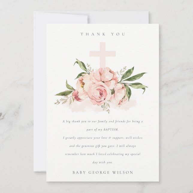 Pastel Soft Peach Peony Floral Cross Bunch Baptism Thank You Card (Front)