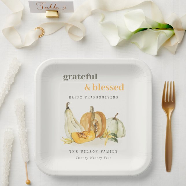 Pastel Soft Watercolor Floral Pumpkin Thanksgiving Paper Plate (Wedding)