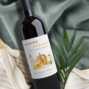 Pastel Soft Watercolor Floral Pumpkin Thanksgiving Wine Label