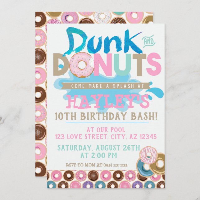 Pastel Splash Pool Dunk n Doughnut Party Birthday Invitation (Front/Back)
