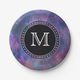 Pastel Splatter   Pink Purple Blue Green Monogram Paper Plate