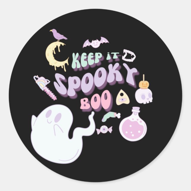 Pastel Spooky Ghost & Gang Black Halloween Classic Round Sticker (Front)