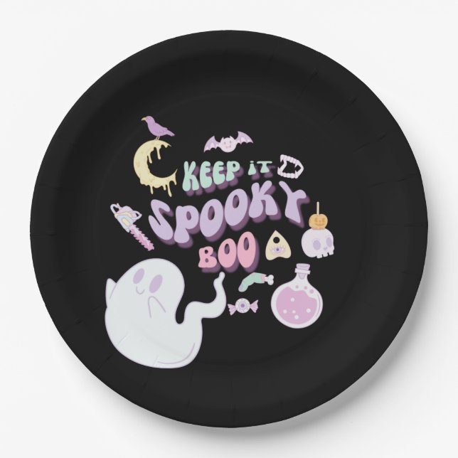 Pastel Spooky Ghost & Gang Black Halloween Paper Plate (Front)